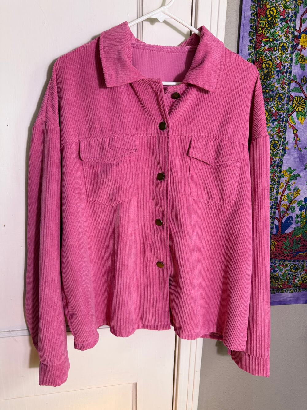 Pink Corduroy Shacket Womens XXL Oversized Button Up Shirt Jacket Pockets